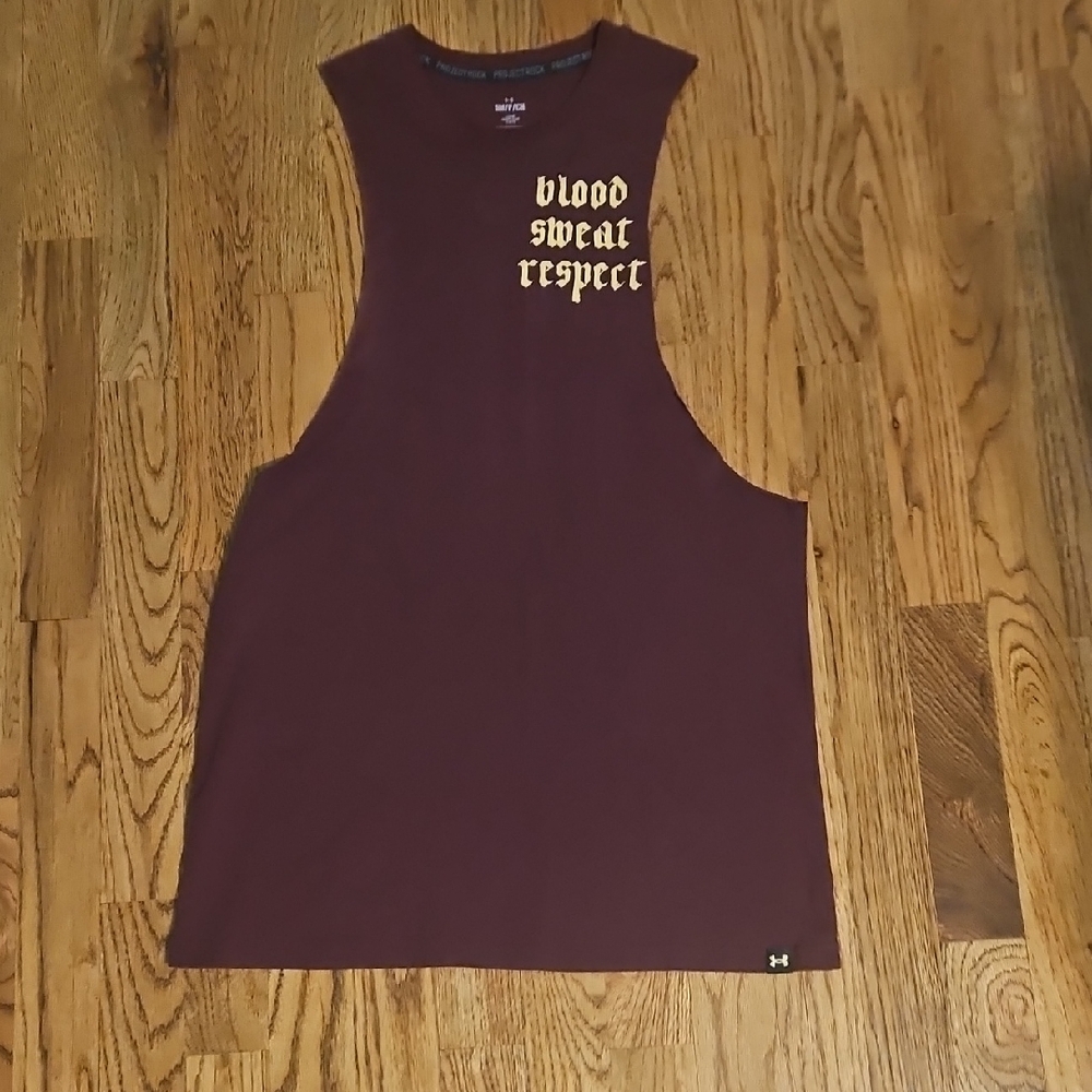 Under Armour PROJECT ROCK Burgundy Sleeveless Top with Yellow Text